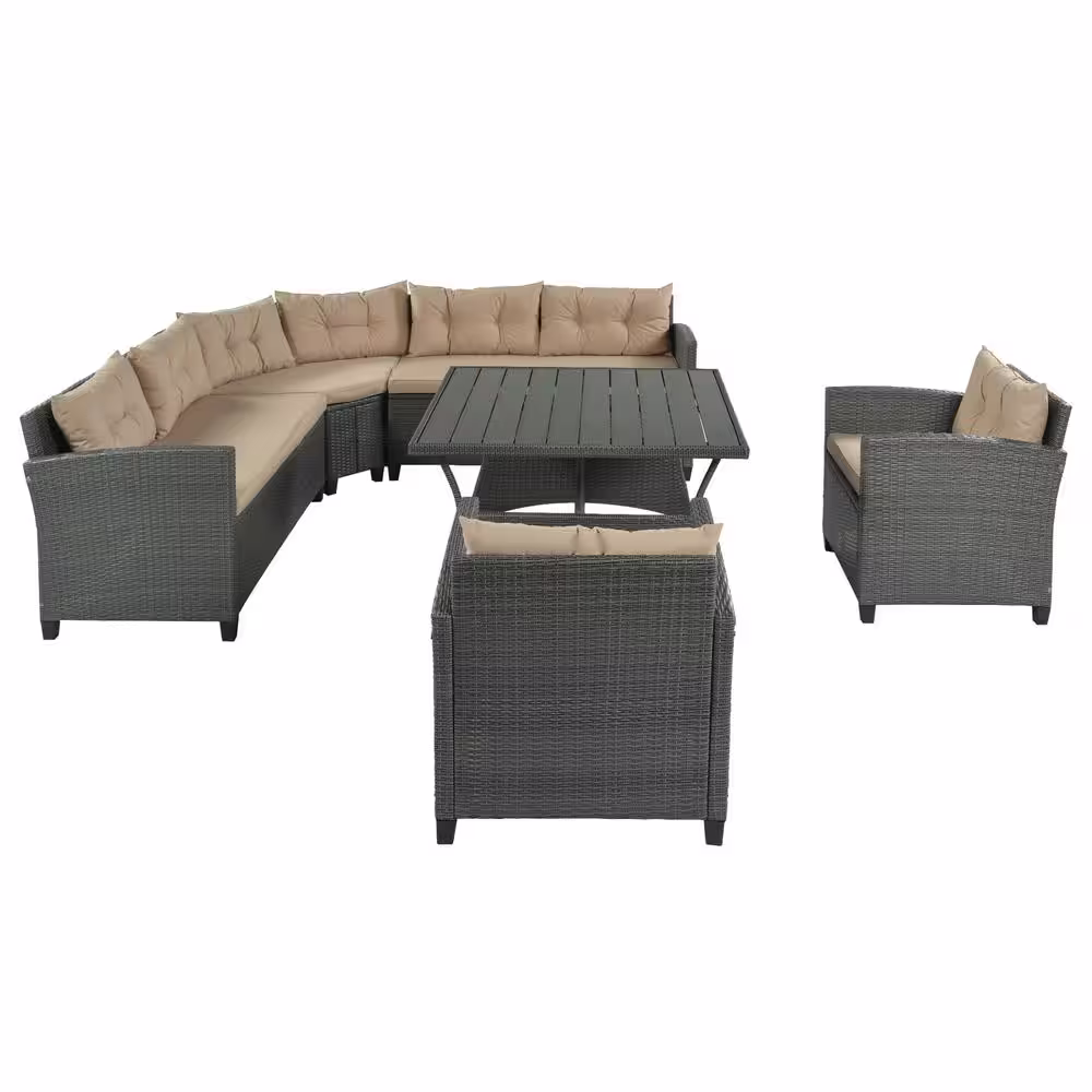 None 6 Pcs Patio Furniture Set Outdoor Wicker Conversation Set PE Rattan Sofa Set with Cushion, Pillow,Table, ArmChair(Beige)