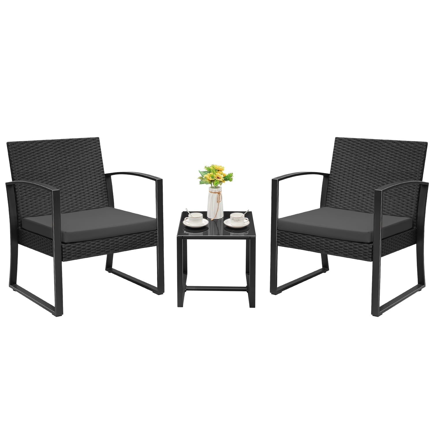 Devoko 3 Pieces Outdoor Plastic Bistro Set Patio Conversation Set with Cushion and Table, Black