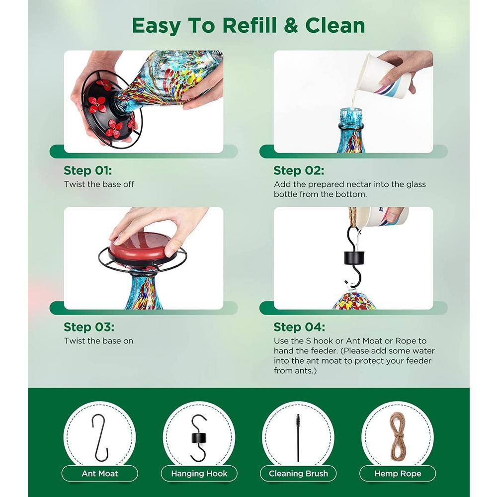 None 30 oz. Leakproof Humming Bird Feeder, Hand Blown Glass Hummingbird Feeder With Rustproof Base and Ant Moat