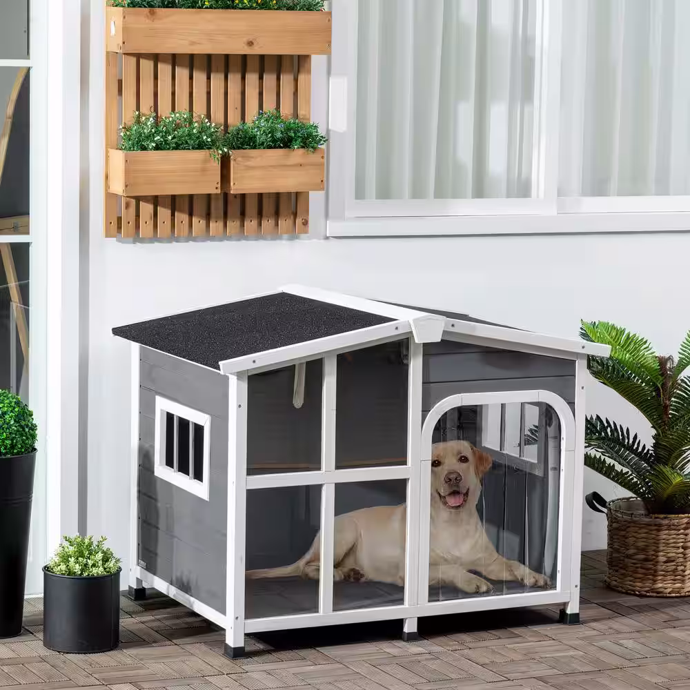 PawHut Cabin-Style Wooden Dog House for Large Dogs Outside with Openable Roof & Giant Window, Gray