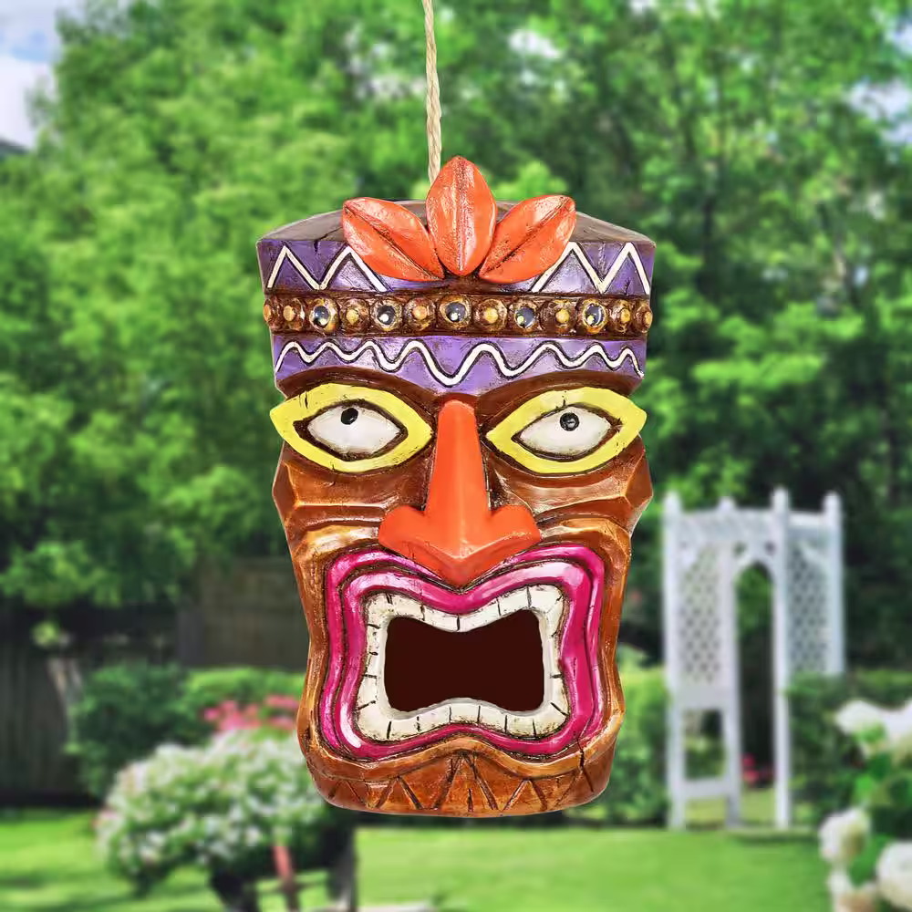 Exhart 5.5 in. x 8.5 in. Solar Tiki Bird House Resin Birdhouse