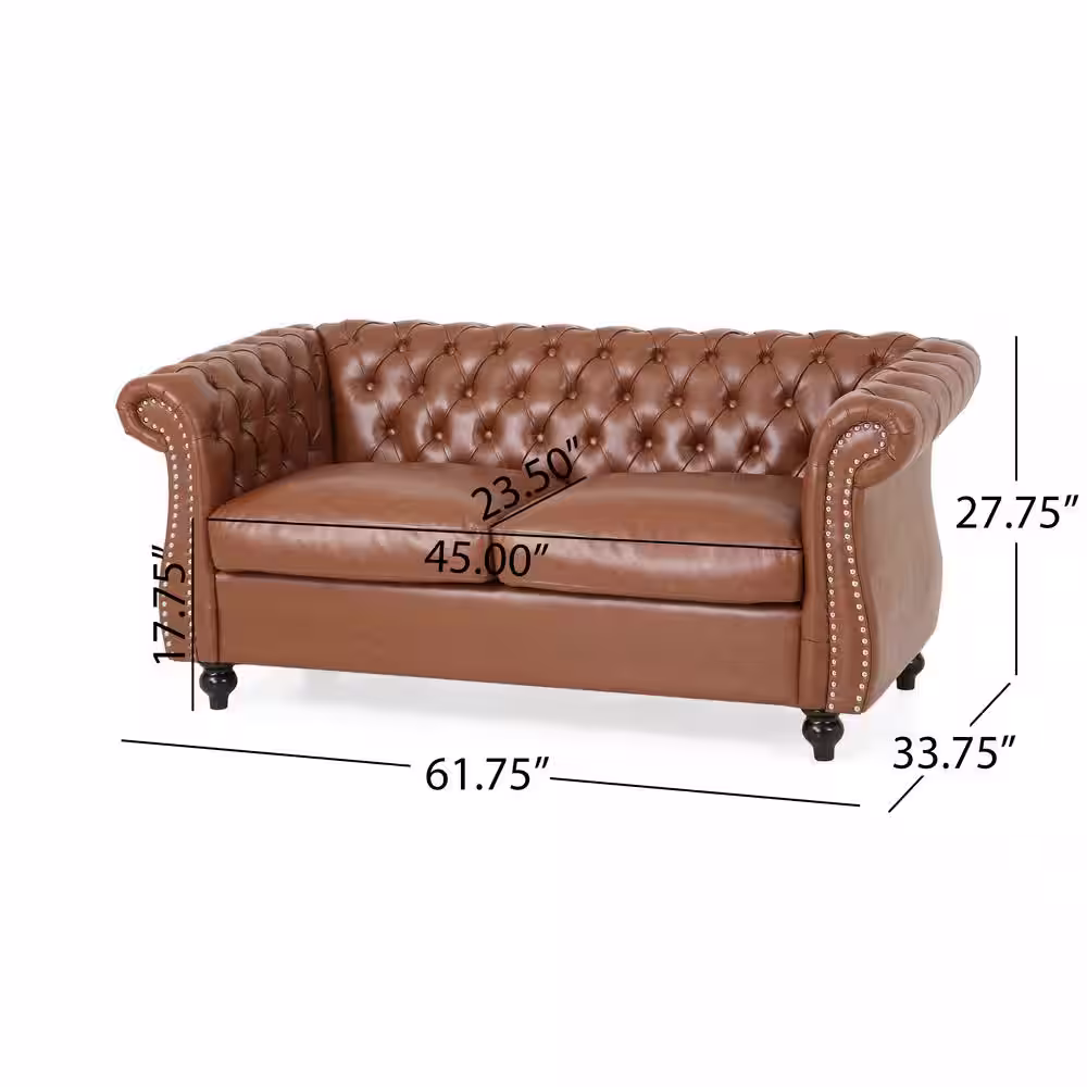 Noble House Silverdale 61.75 in. Cognac Brown Solid Faux Leather 2-Seat Loveseats with Nailhead