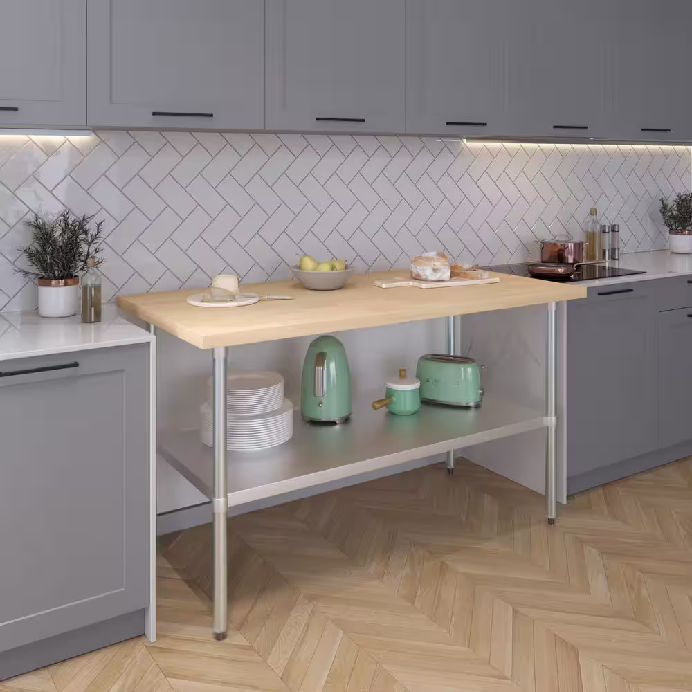 None Maple Wood Top 30  in.. x 60  in.. Kitchen Prep Table with Adjustable Bottom Shelf