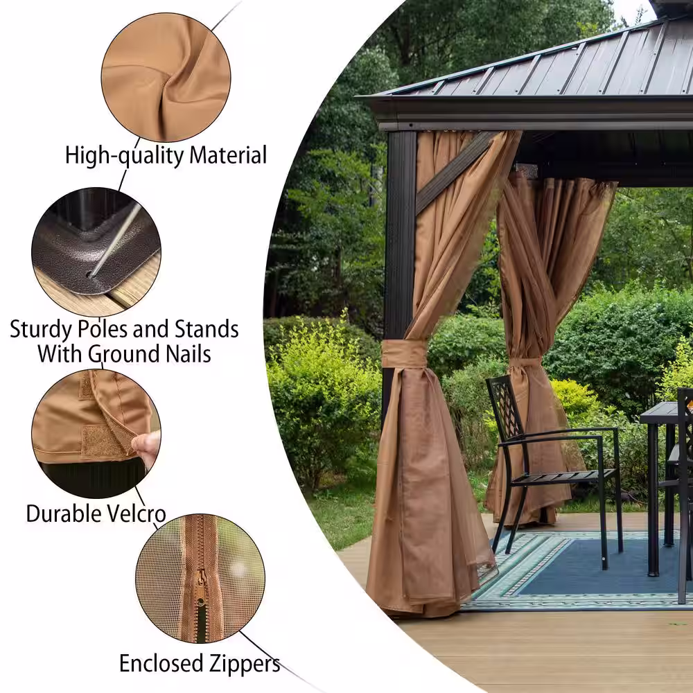 None 10 ft. x 12 ft. Aluminum Hardtop Gazebo Galvanized Steel Roof Curtain and Mosquito Net
