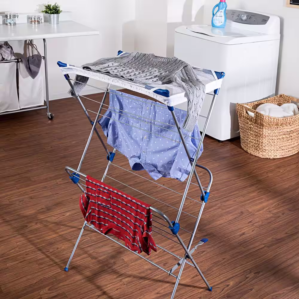 Honey-Can-Do 17 in. W x 41.5 in. H Silver and Blue Steel 2-Tier Mesh Top Drying Rack