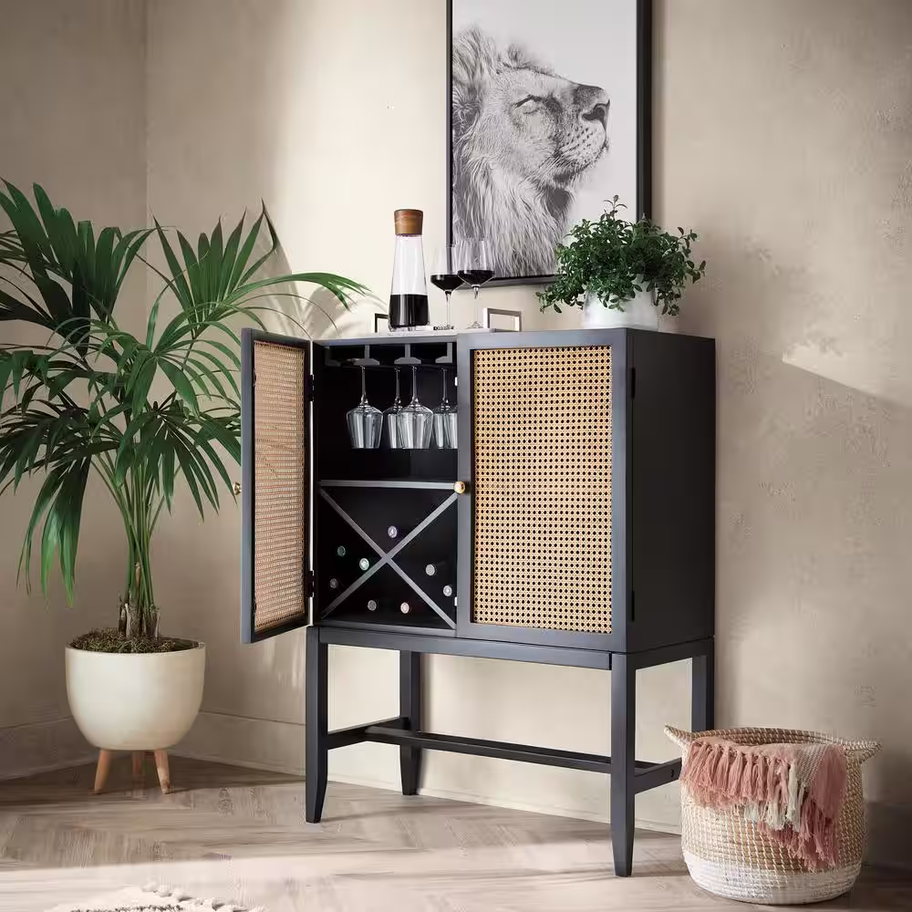 StyleWell Odell Cane Accent Bar Cabinet with Removable Wine Rack in Black/Rattan (36