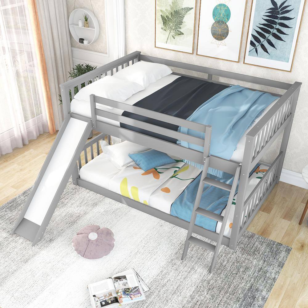 Harper & Bright Designs Classic Gray Full over Full Wooden Bunk Bed with Convertible Ladder and Slide