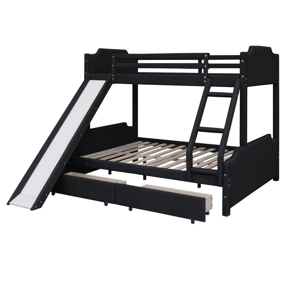 Harper & Bright Designs Black Twin over Full Upholstery Bunk Bed with Ladder, Slide and 2 Drawers