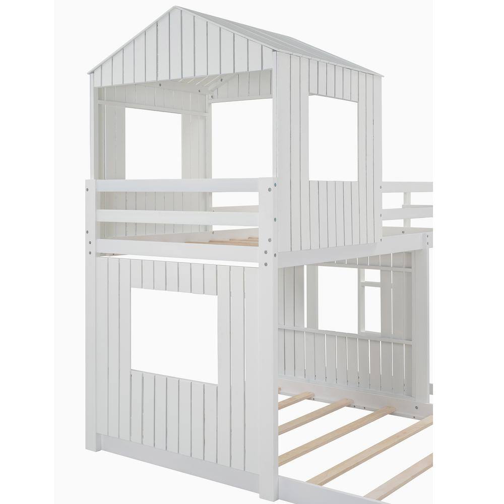 Harper & Bright Designs White Twin Over Full Wooden Playhouse Bunk Bed with Ladder and Guardrails