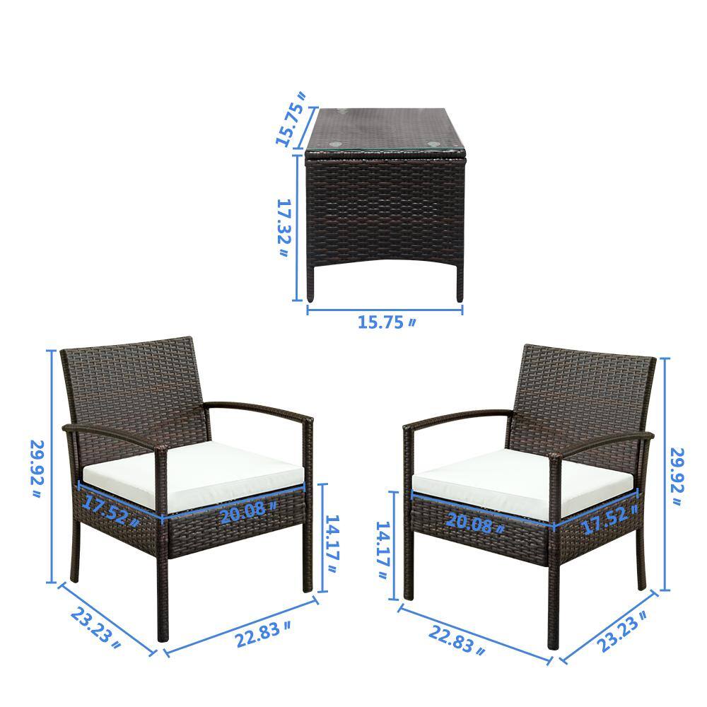 None 3-Piece Wicker Patio Conversation Set with White Cushion