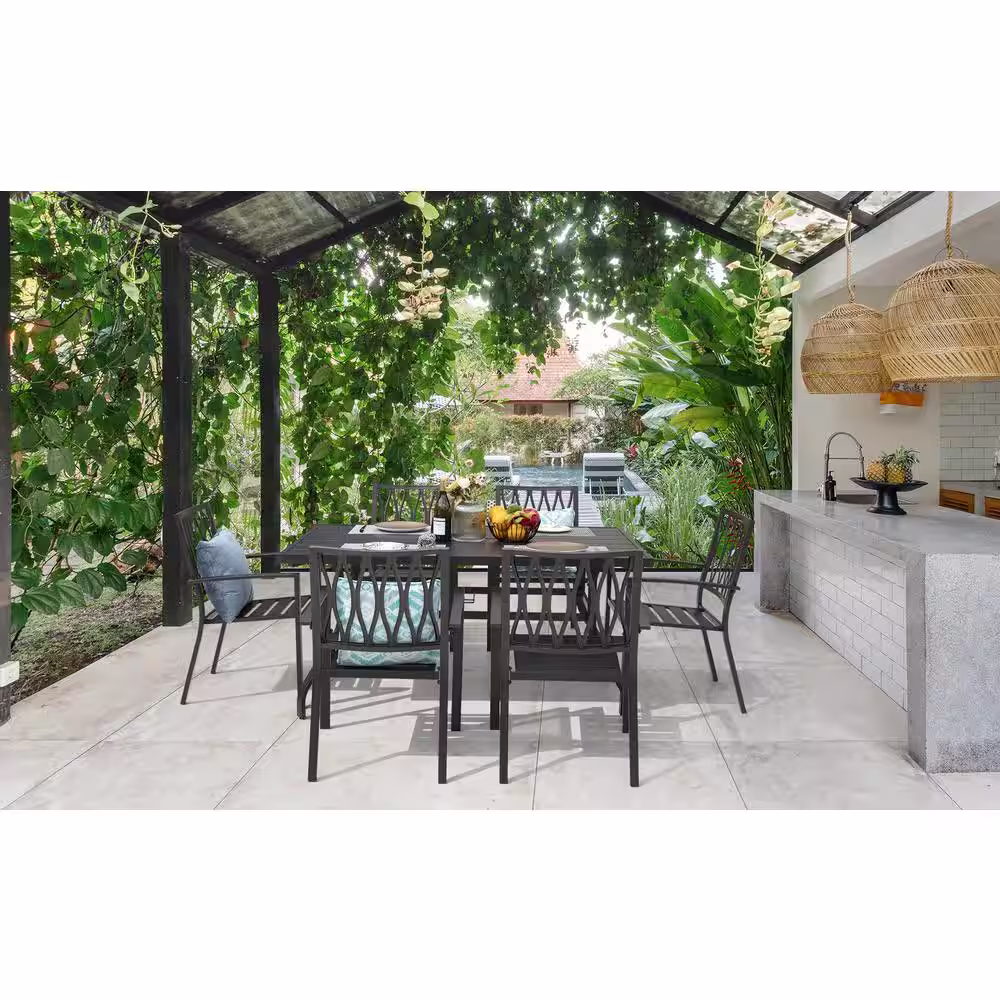 Nuu Garden 7-Piece Black Iron Outdoor Dining Set