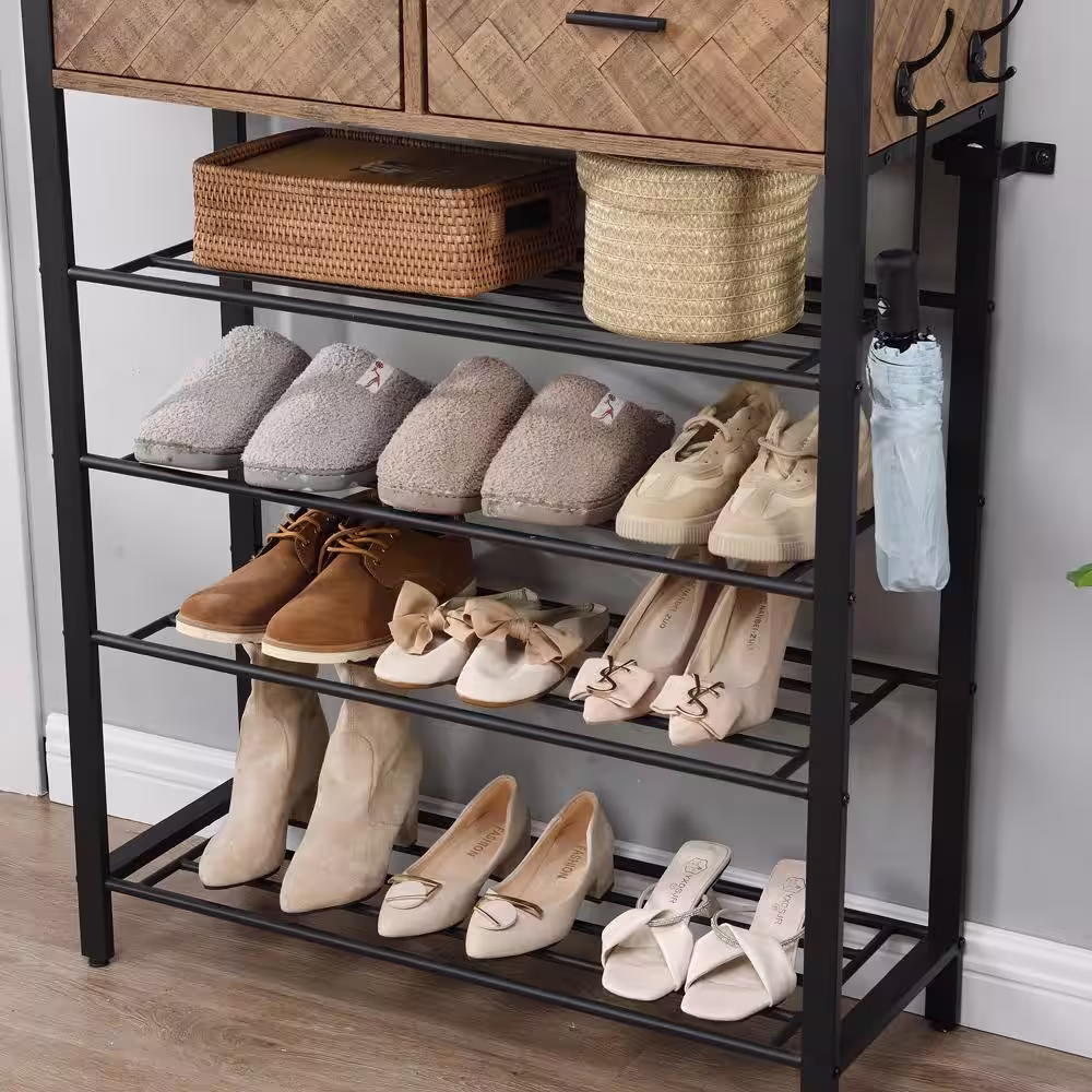 Amucolo 42.32 in. H One Set Entryway 4-tier 12-Pair Brown Shoe Rack with 2 Drawers, Coat Rack