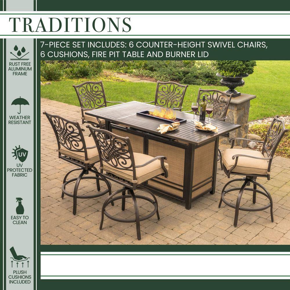 Hanover Traditions 7-Piece Aluminum Rectangular Outdoor High Dining Set with Fire Pit with Natural Oat Cushions