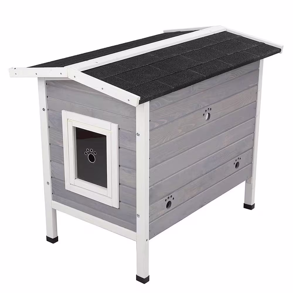 None Grey Solid Wood Cat House Larger Design for 3 Adult Outdoor Cats Weatherproof