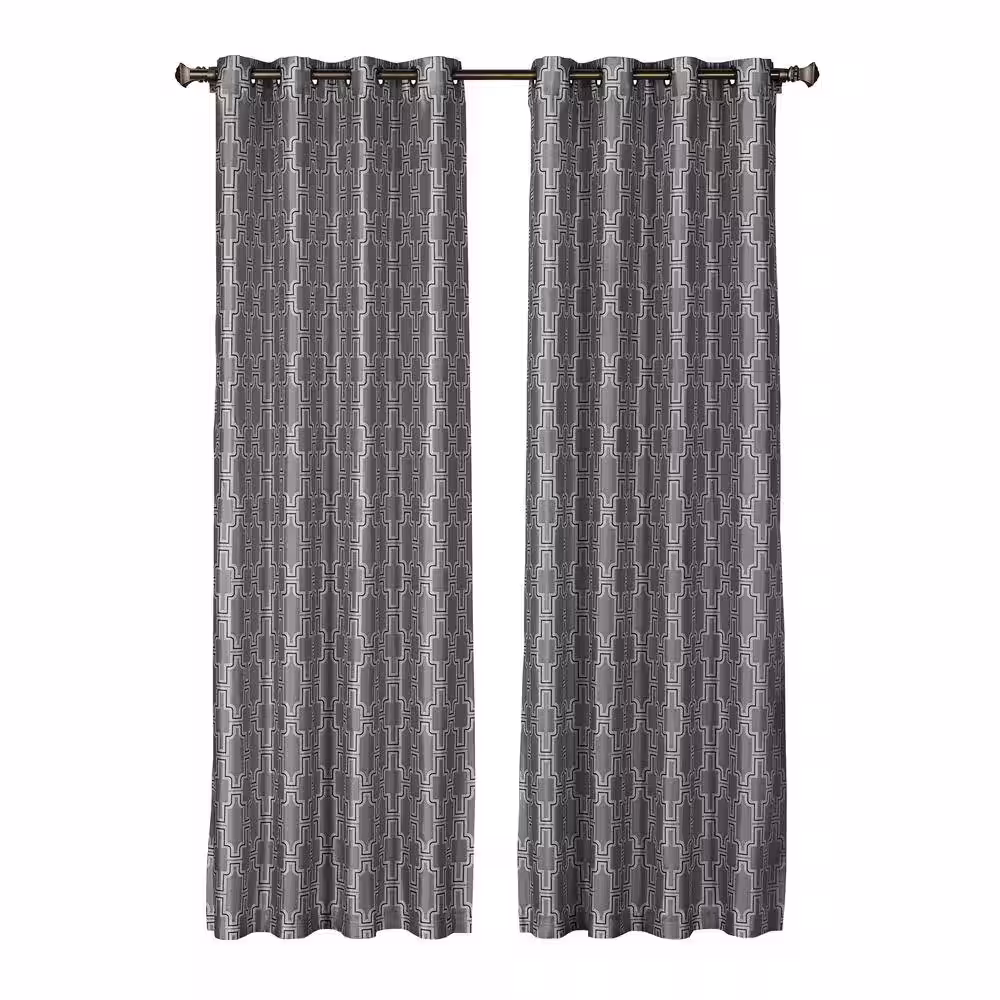 Window Elements Charcoal Geometric Faux Silk Grommet Room Darkening Curtain - 54 in. W x 96 in. L (Set of 2)