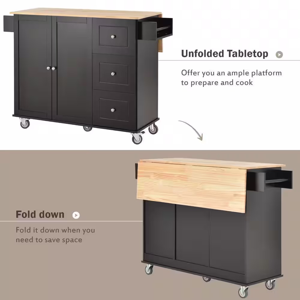 None 52.7 in. W x 17.71 in. D x 36.81 in. H Black Rolling Mobile Kitchen Island with Solid Wood Top and Locking Wheels