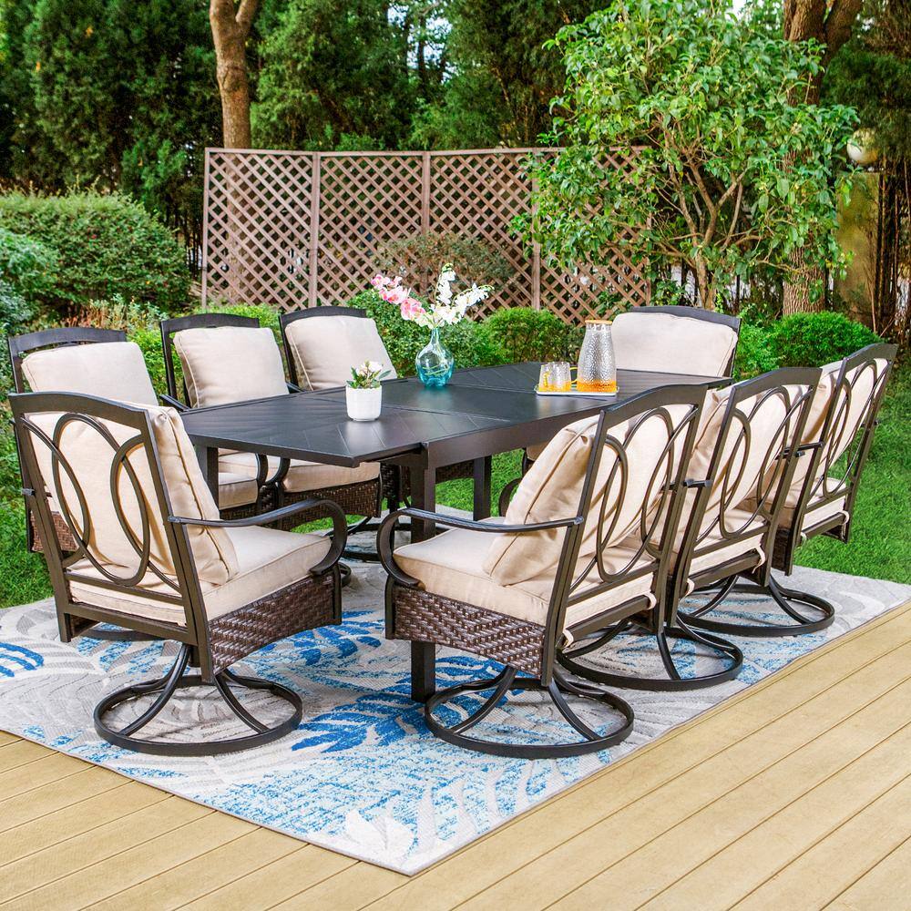 None 9-Piece Metal Outdoor Dining Set with Rectangular Carve Pattern Table and Rattan Swive Chairs with Beige Cushions