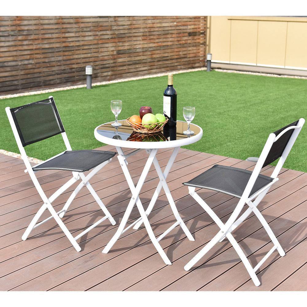 WELLFOR White 3-Piece Metal Outdoor Bistro Set in Black Seat