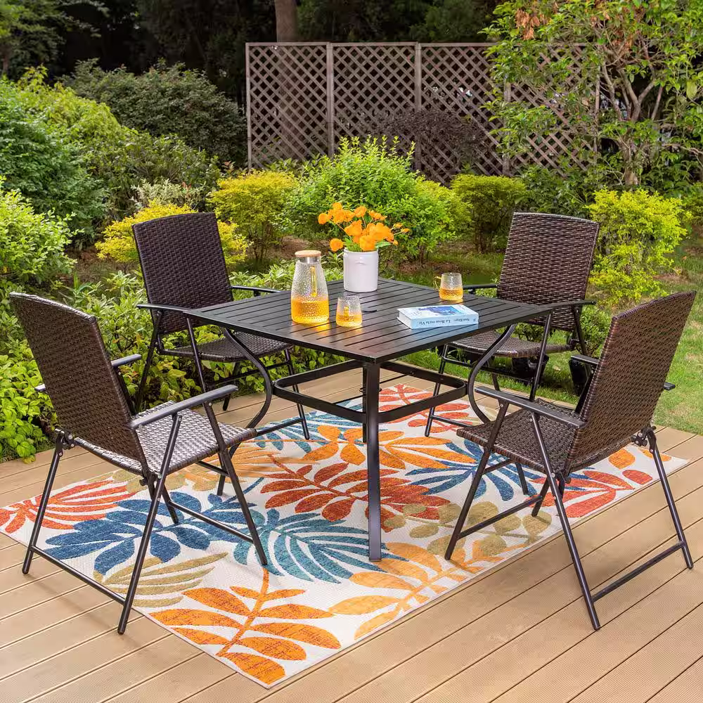 None Black 5-Piece Metal Patio Outdoor Dining Set with Slat Square Table and Folding Reclining Rattan Chairs