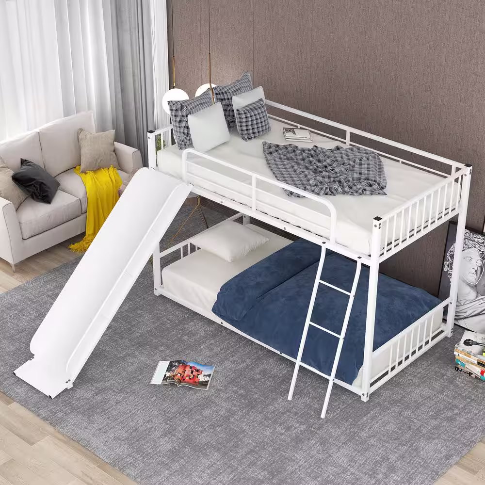Harper & Bright Designs White Twin over Metal Bunk Bed with Slide