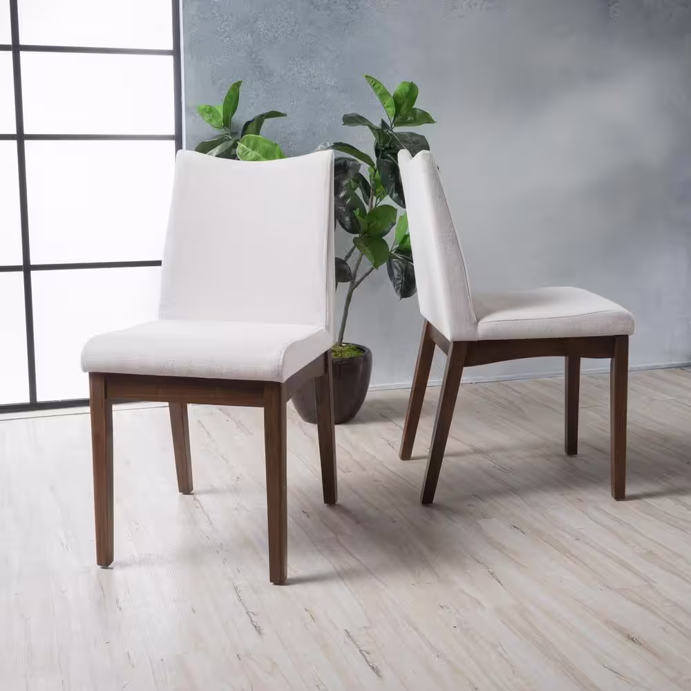 Noble House Dimitri Light Beige and Walnut Fabric Upholstered Dining Chair (Set of 2)