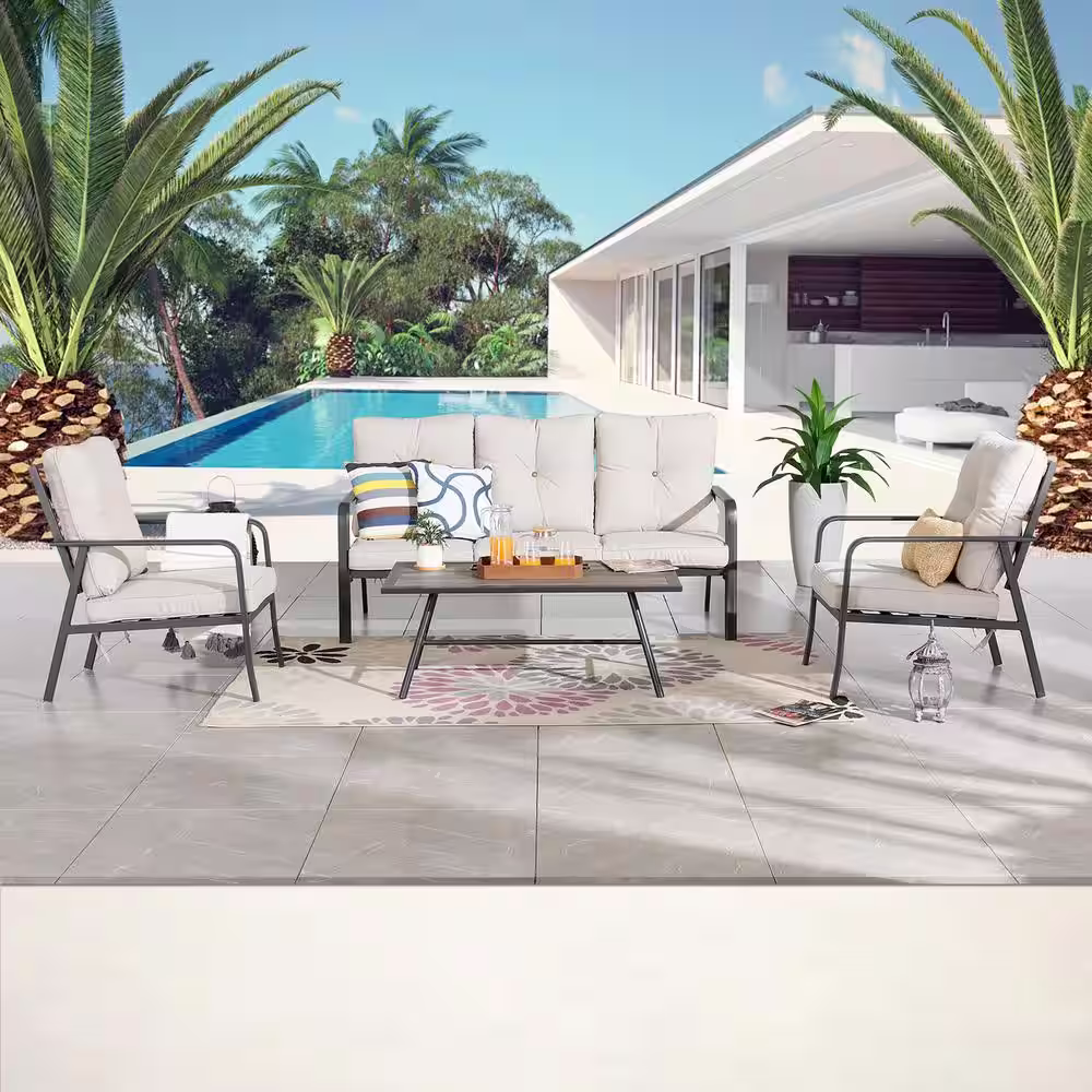 Patio Festival 4-Piece Metal Outdoor Patio Conversation Set with Beige Cushions