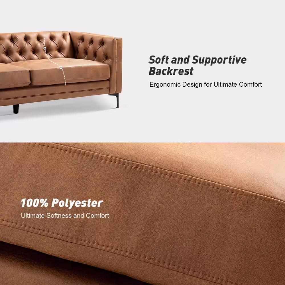 JAYDEN CREATION Eridu Comtemperary 84 in. Square Arm Faux Leather Button-Tufted design Tuxedo Rectangle Sofa in Camel