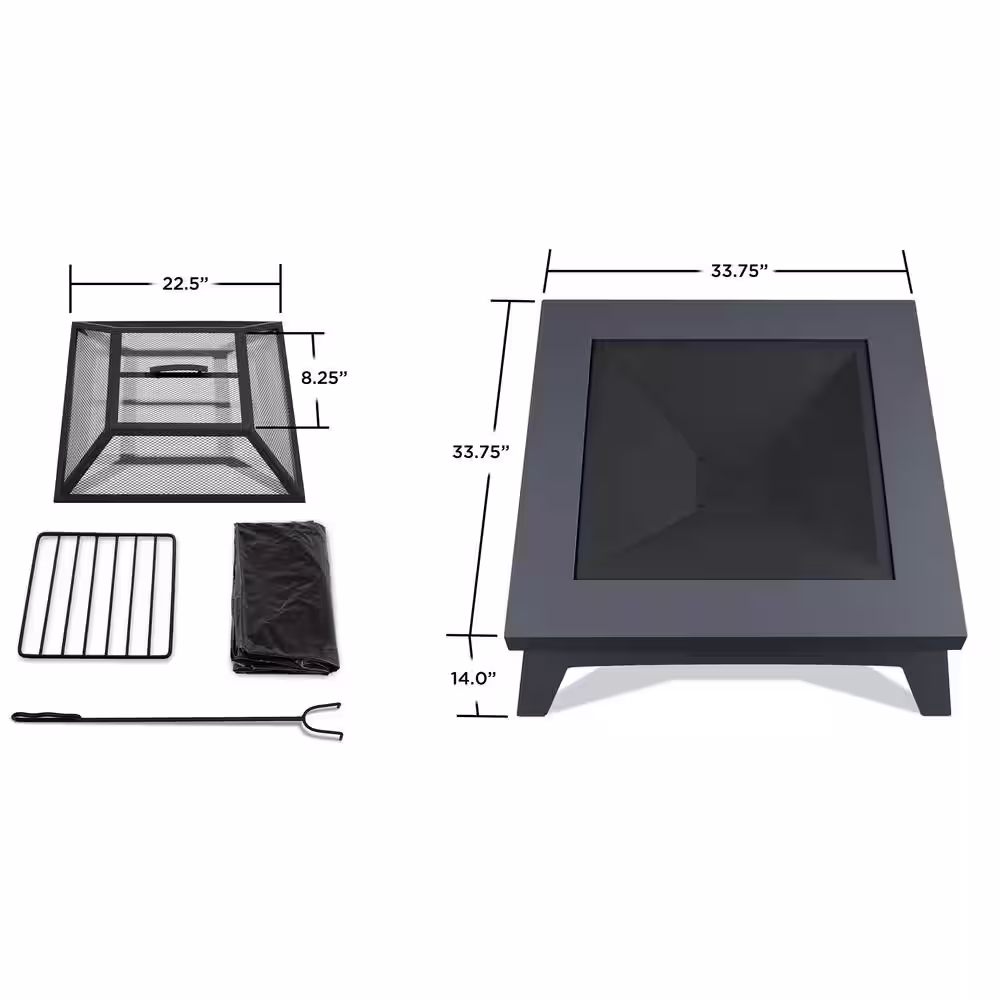 Real Flame Breton 37 in. x 20 in. Square Steel Wood-Burning Fire Pit in Gray with Spark Screen and Protective Cover