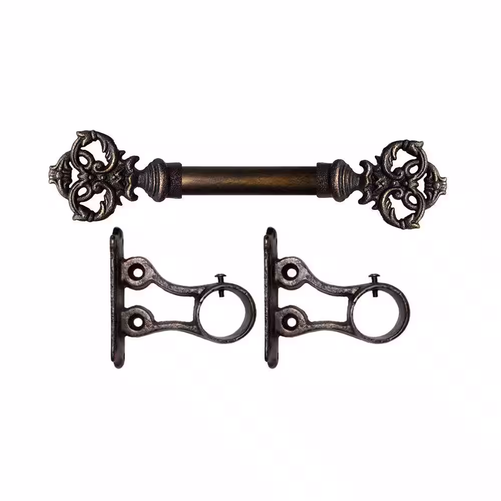 The Artifactory 7 ft. Fixed Length 1 in. Dia. Metal Drapery Single Curtain Rod Set in Antique Bronze with New Orleans Finial