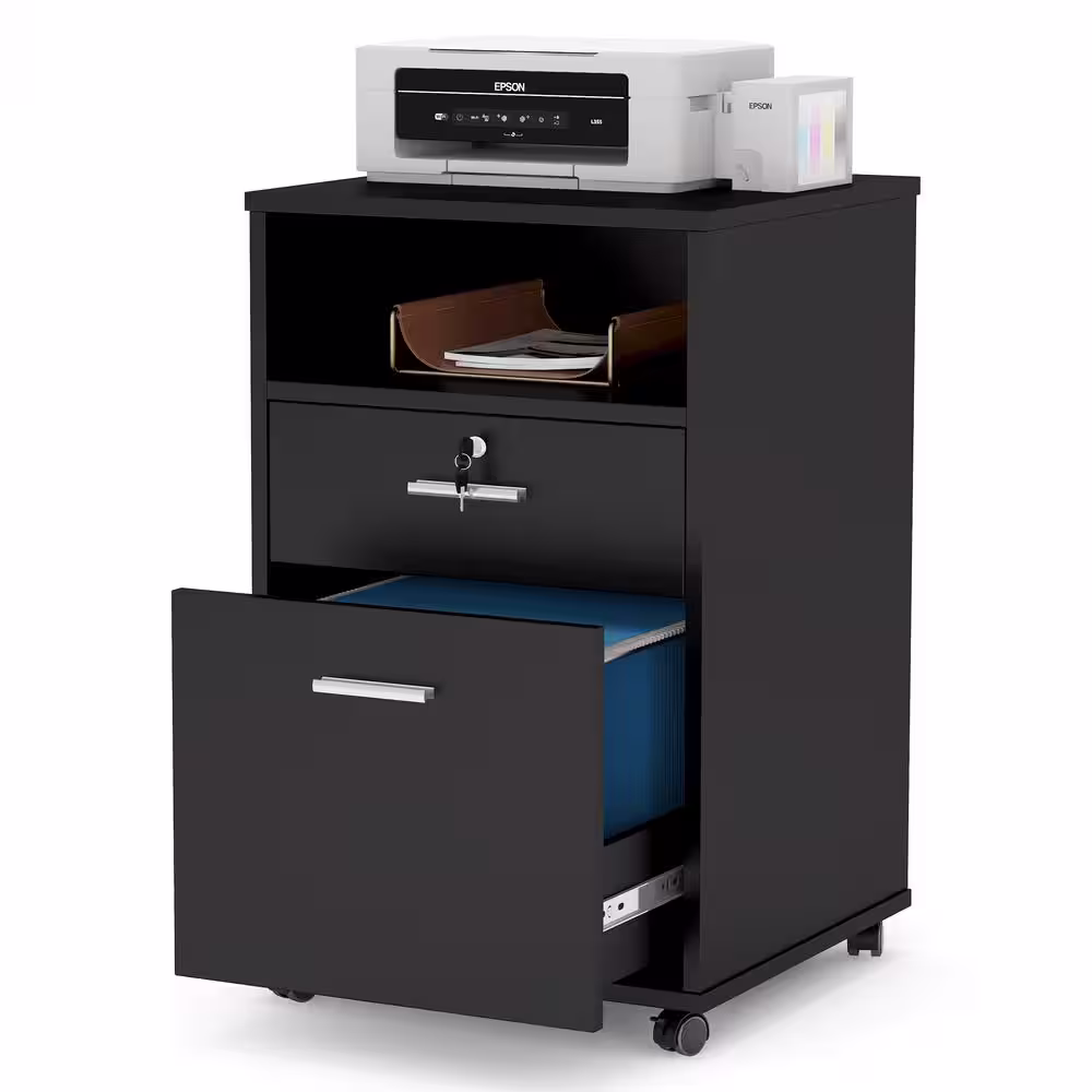 None Atencio Black Mobile File Cabinet with Lock 2-Drawer Wood Filing Cabinet for Letter Size