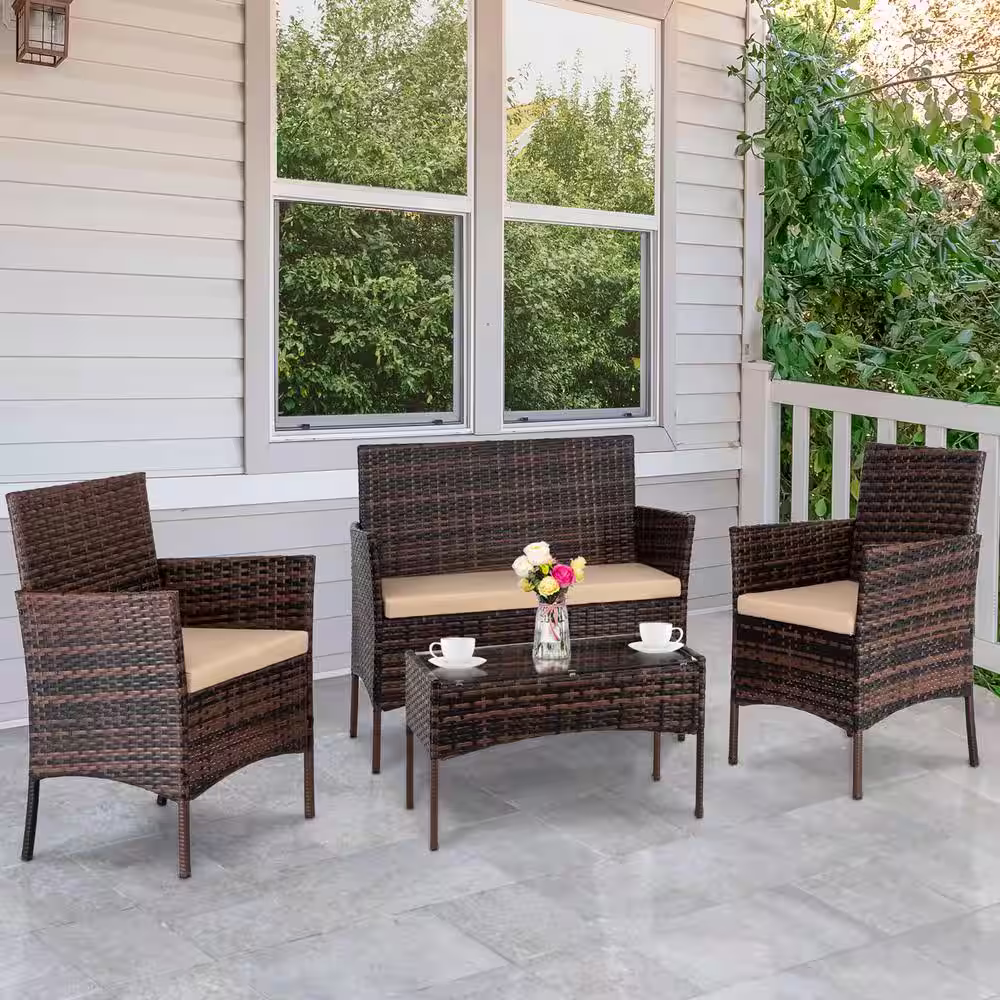 Karl home 4-Piece Wicker Patio Conversation Set with Beige Cushions