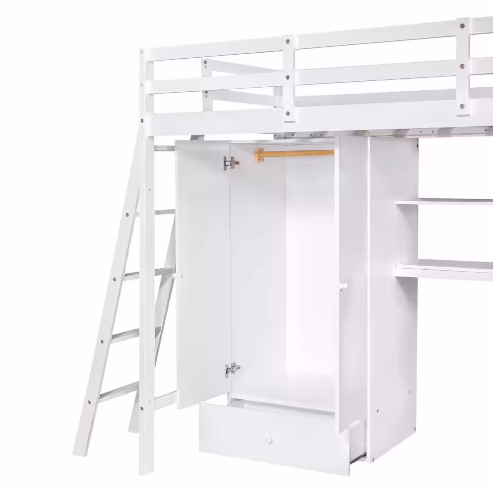Harper & Bright Designs White Twin Loft Bed with Wardrobe, 7-Drawers and Attached Desk with Shelves
