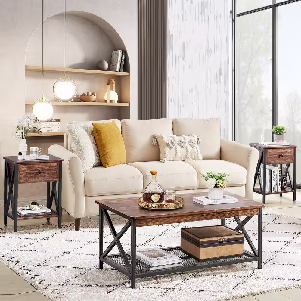VECELO 3-Piece Occasional Table Set with Coffee Table + 2 End Tables, Brown Coffee Table Set