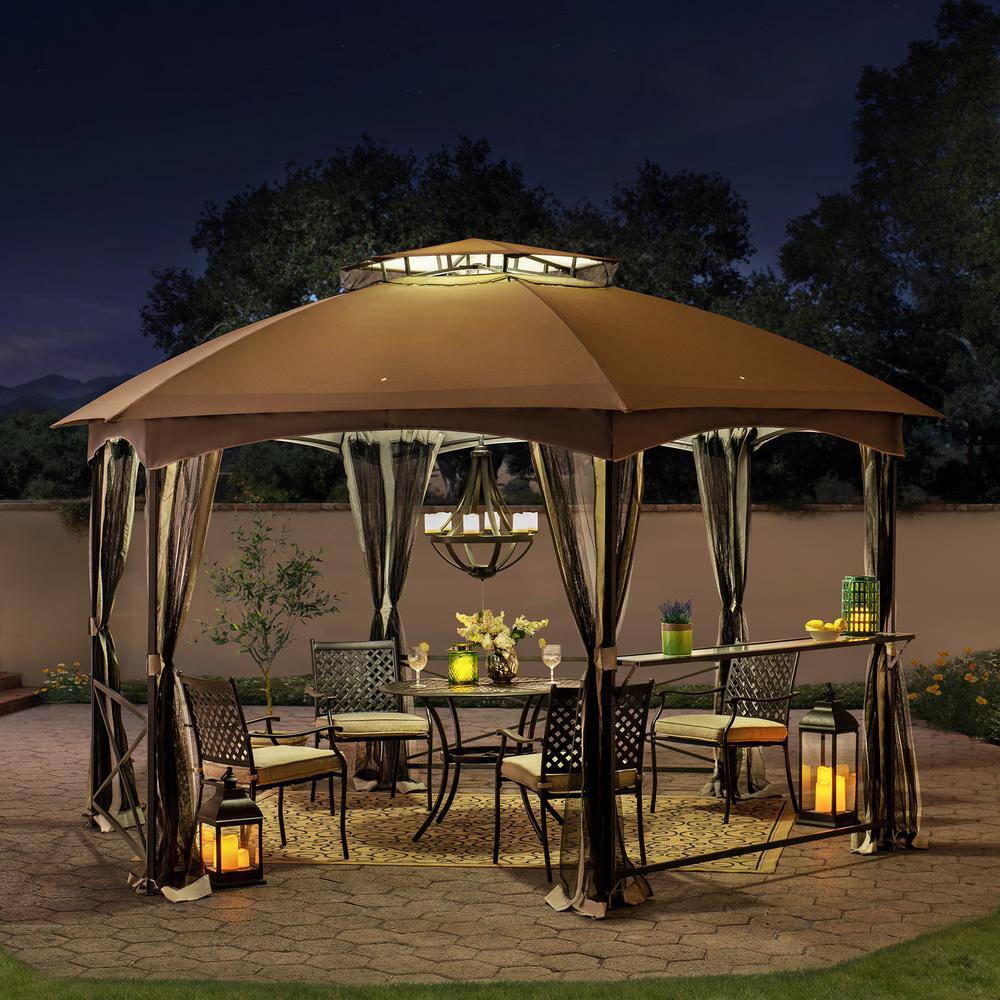 Sunjoy Alyssa 14.7 ft. x 14.7 ft. 2-Tone Gray Hexagon Steel Gazebo with 2-Tier Dome Roof