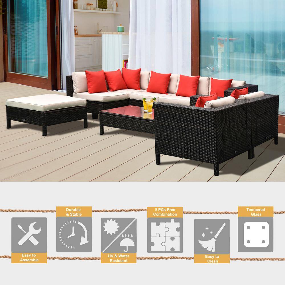 Outsunny 9-Piece Aluminum Plastic Rattan Patio Conversation Set with Beige Cushions