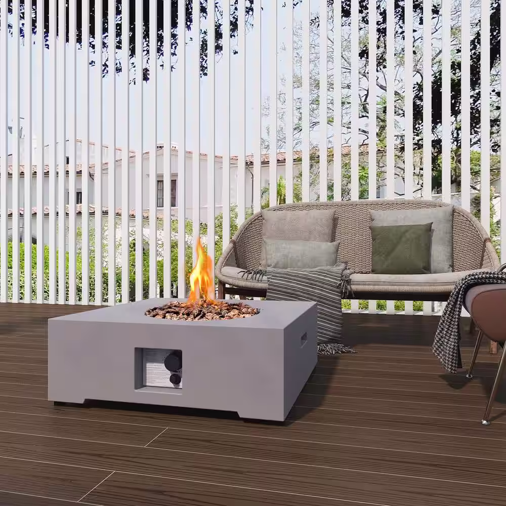 Uixe 30 in. x 11 in. Square Concrete Propane Gray Fire Pit Kit with PVC Weather Cover