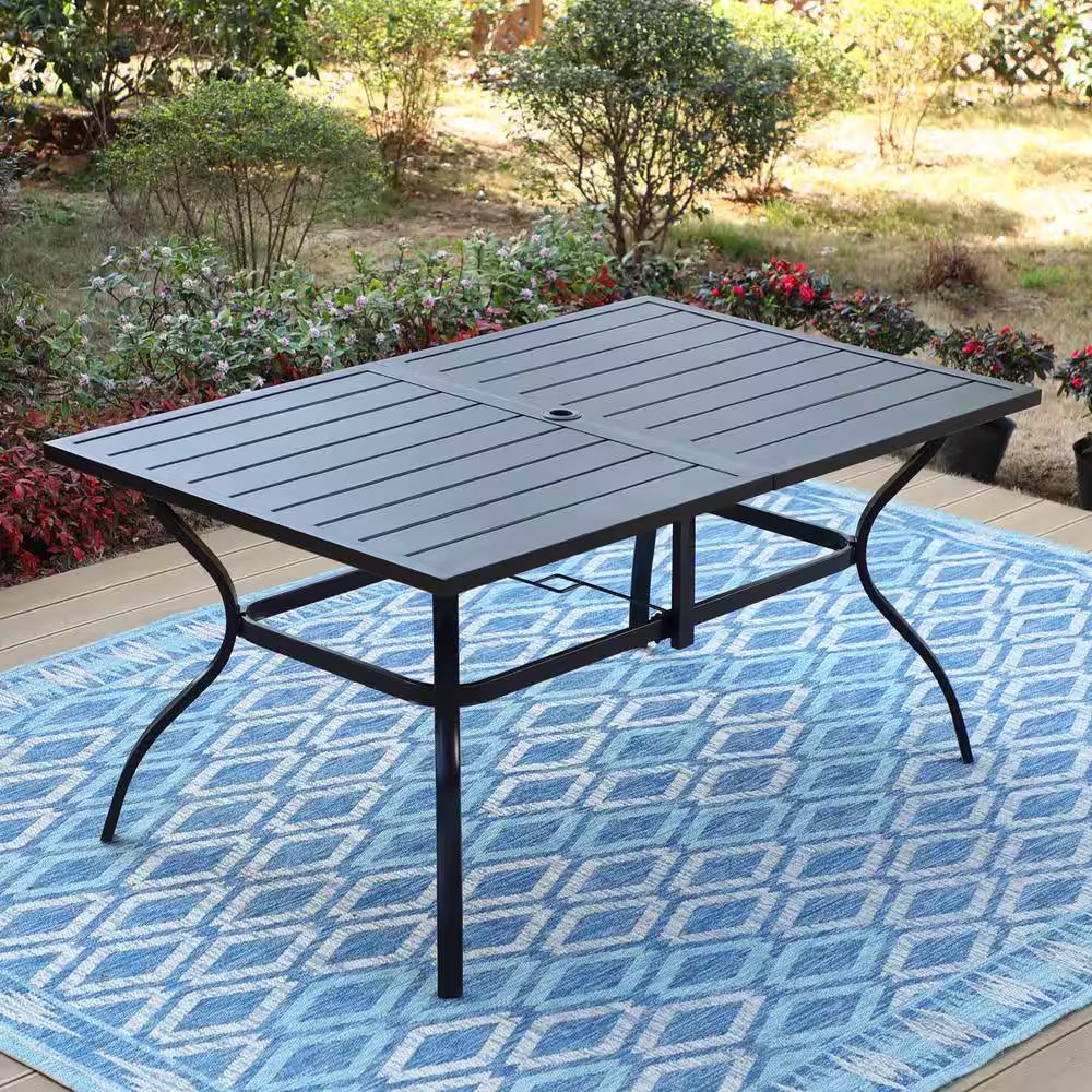 None Black 7-Piece Metal Outdoor Dining Set with Beige Cushions, Rectangle Dining Slat Table
