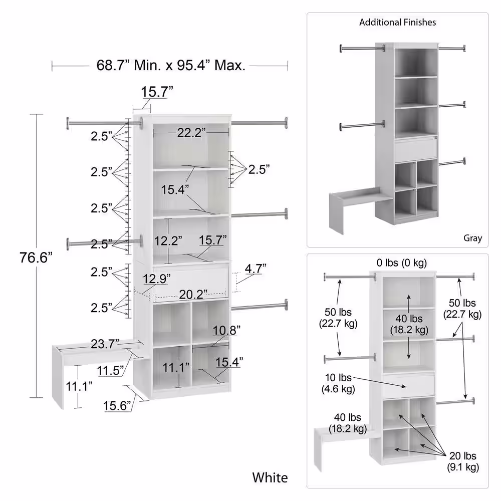 Little Seeds Grow with Me 68.7 in. - 95.44 in. W Gray Wall Mount Adjustable Wood Closet System with 5 Clothing Rods
