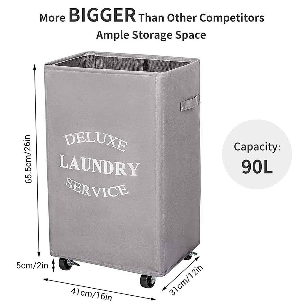None 90L Fabric Laundry Basket Hamper with Wheels Light Gray