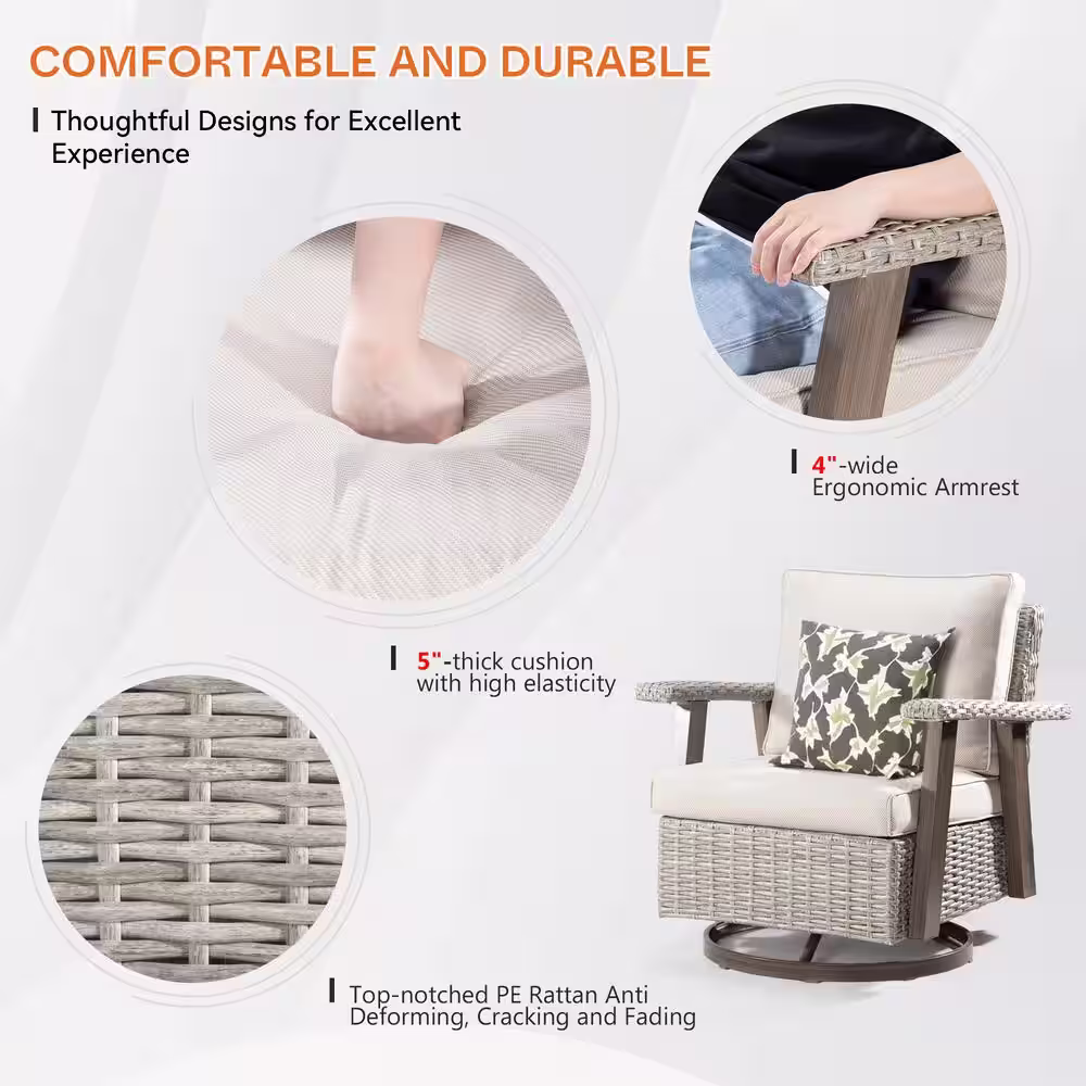 JOYSIDE 3-Piece Wicker Patio Swivel Rocking Chair Conversation Set with Beige Cushions