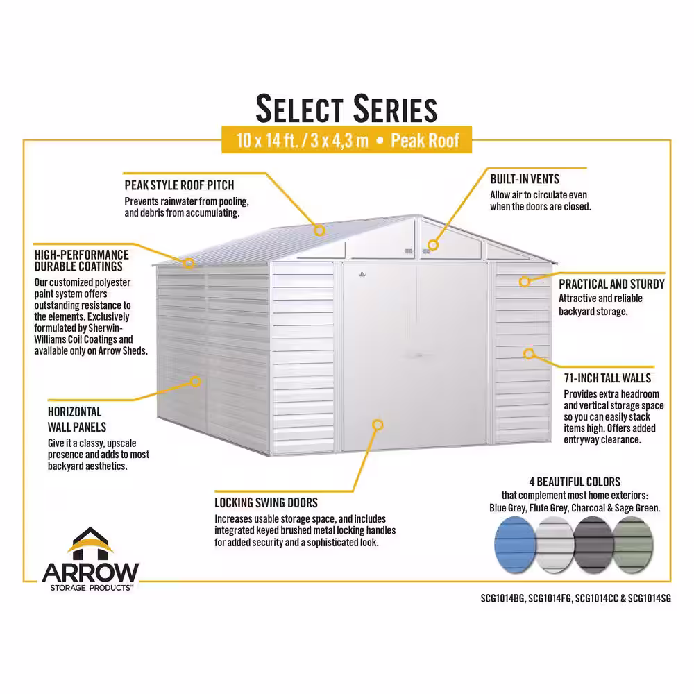 Arrow Select 10 ft. W x 14 ft. D Sage Green Metal Shed (129 sq. ft.)