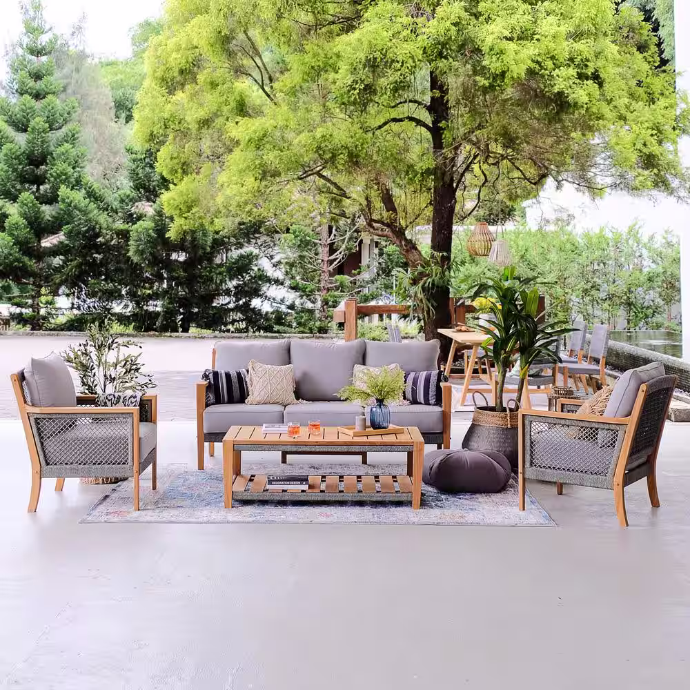 Cambridge Casual Nassau 4-Piece Teak Wood Patio Conversation Set with Gray Cushion
