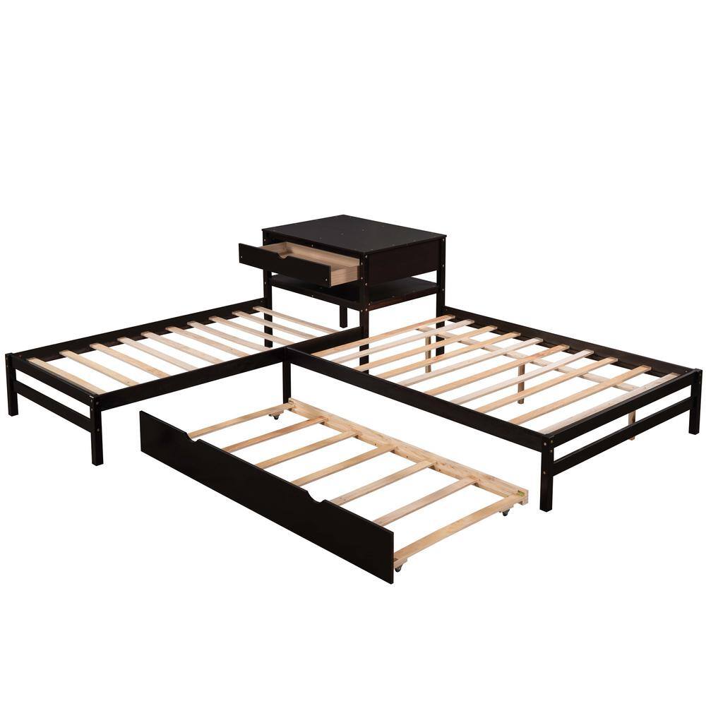 Qualler Espresso Full and Twin Size L-Shaped Platform Beds with Trundle and Drawer