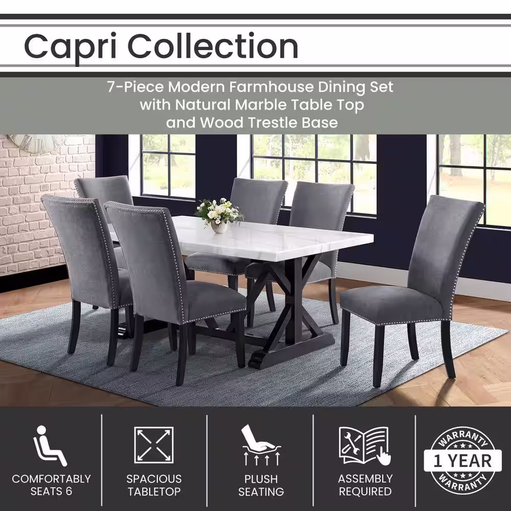 Hanover Capri 7-Piece Dining Set with Linen Side Chairs, Natural Marble Table Top and Wood Trestle Base