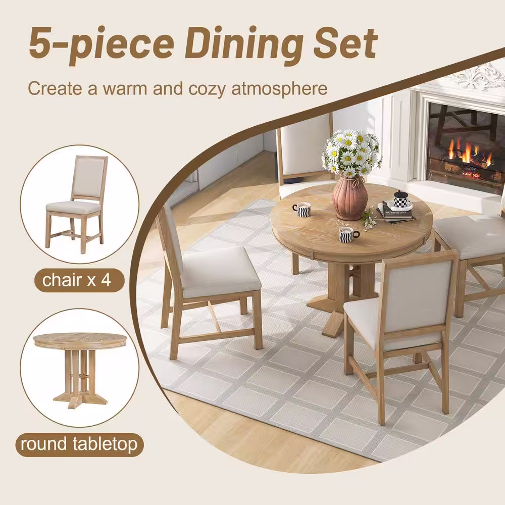 Harper & Bright Designs Farmhouse 5-Piece Natural Wood Wash Wood Top Extendable Round Dining Table Set with 4-Upholstered Chairs