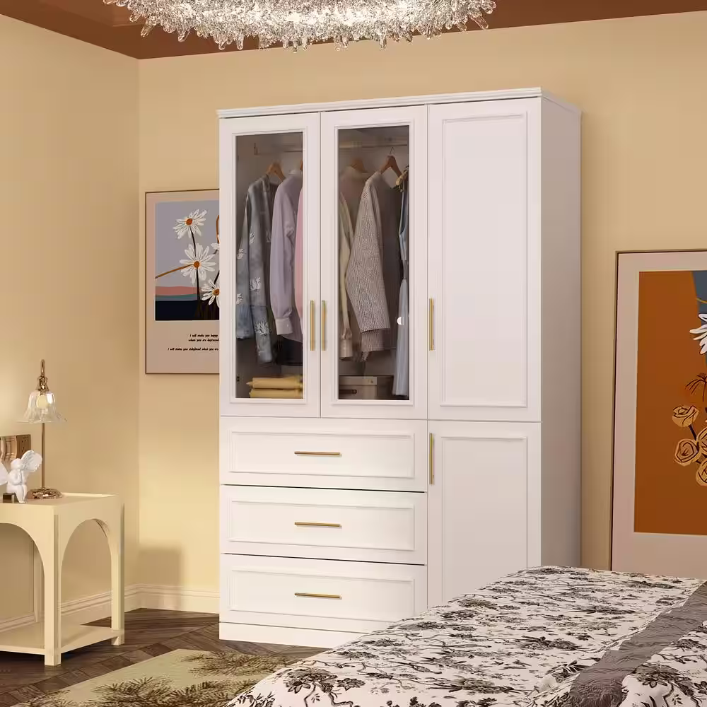 None 2-Combination White Wood 47.6 in. W 4-Door Big Armoires with 2-Hanging Rods, 3-Drawers, Shelves 74.8 in. H x 19.3 in. D