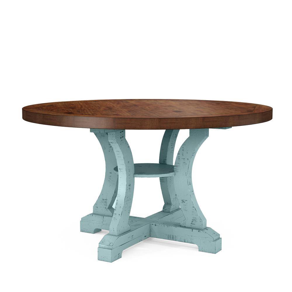 Furniture of America Wicks 54 in. Antique Light Blue and Dark Oak Wood Round Dining Table