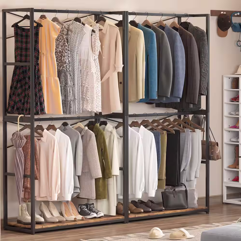 None Brown Free-standing Closet Organizer Garment Rack with Double Hanging Rod