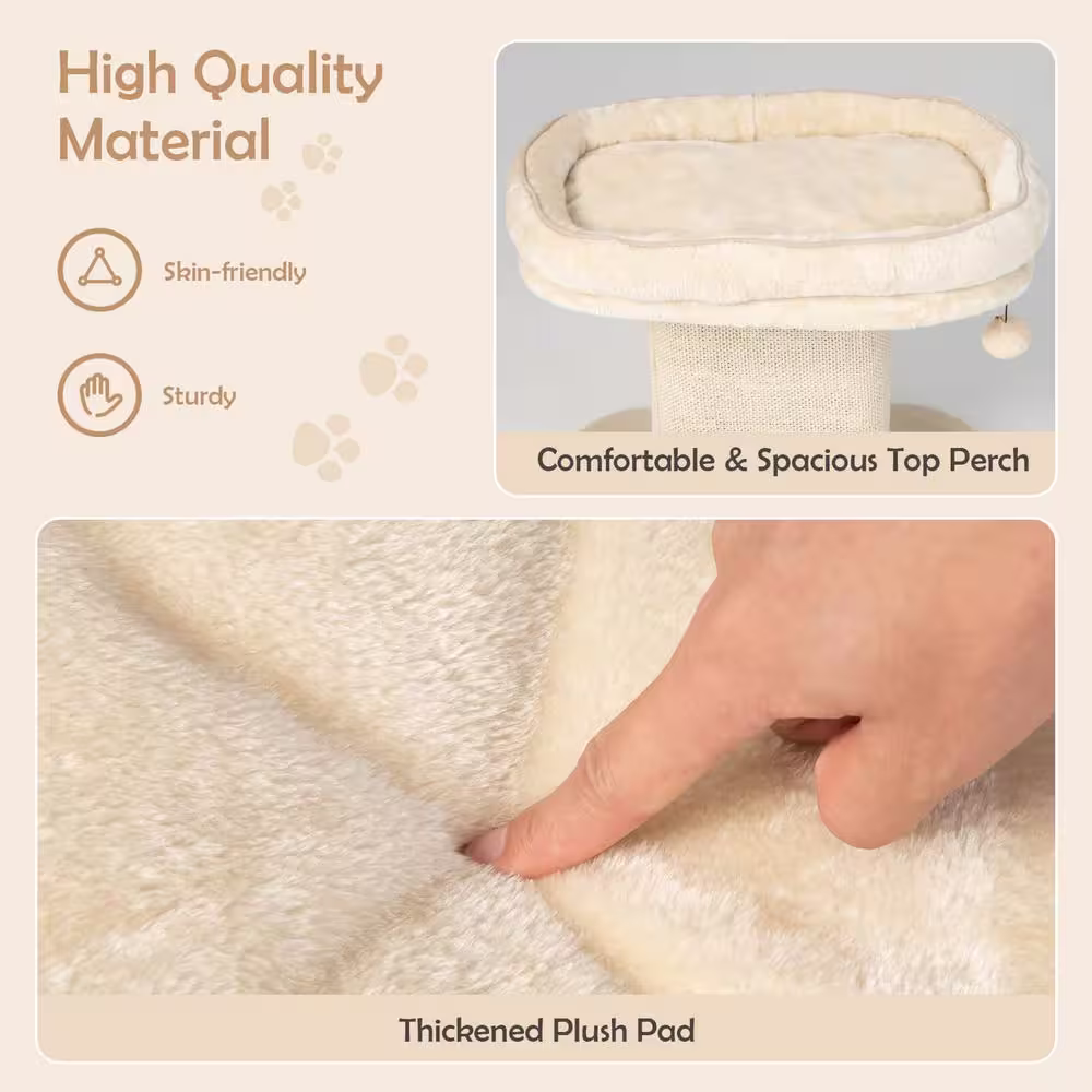 ANGELES HOME Beige Wood Modern Cat Tree Tower with Large Plush Perch and Sisal Scratching Plate
