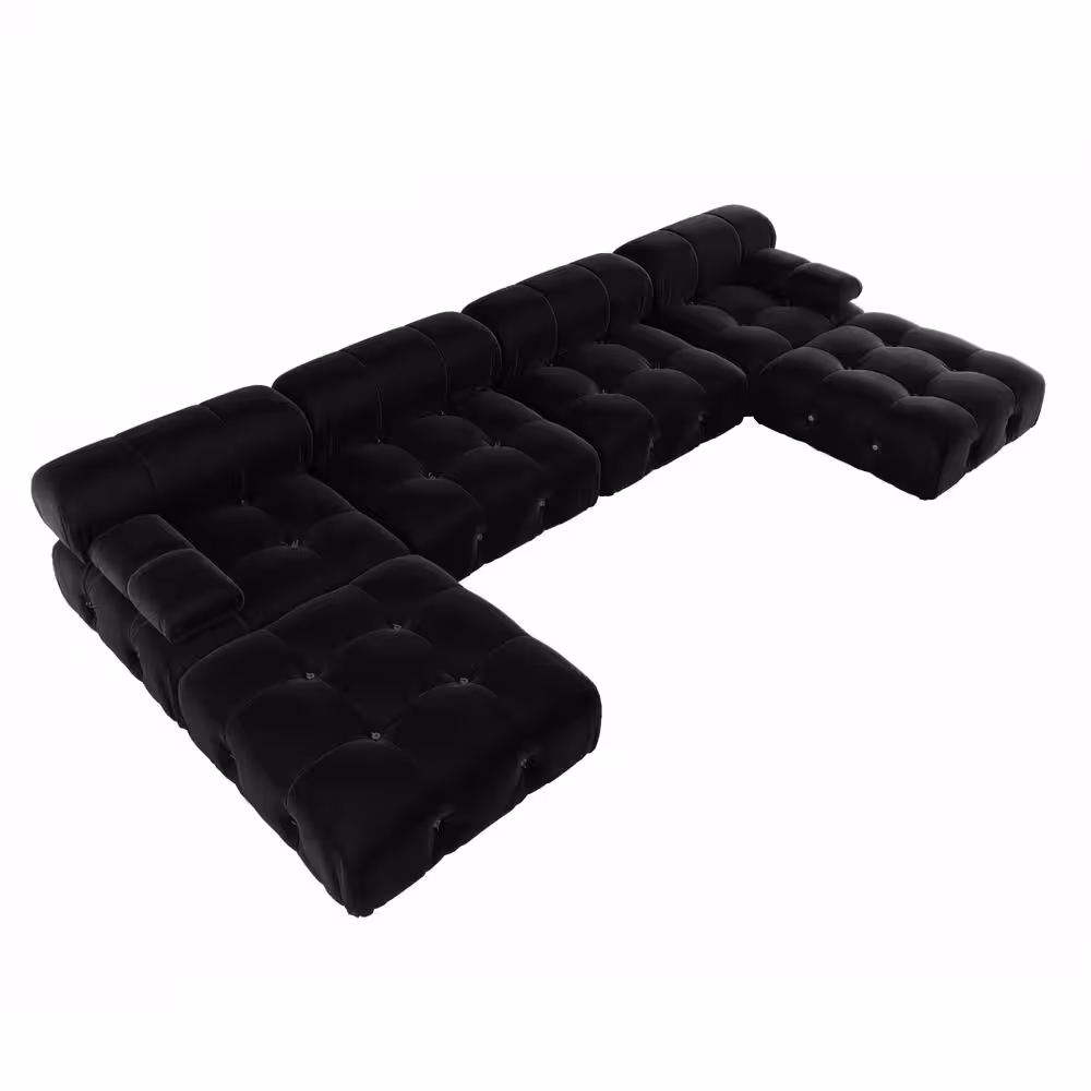 J&E Home 138.6 in. W Square Arm 4-Piece U Shaped Velvet Free Combination Modular Sectional Sofa with Ottoman in Black